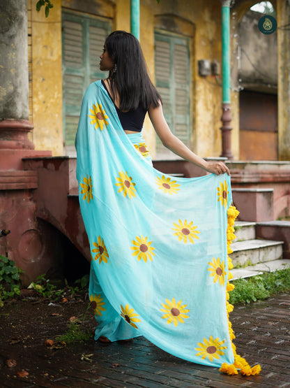 Mul Cotton Hand Painted Saree - Baby Blue Sunflower