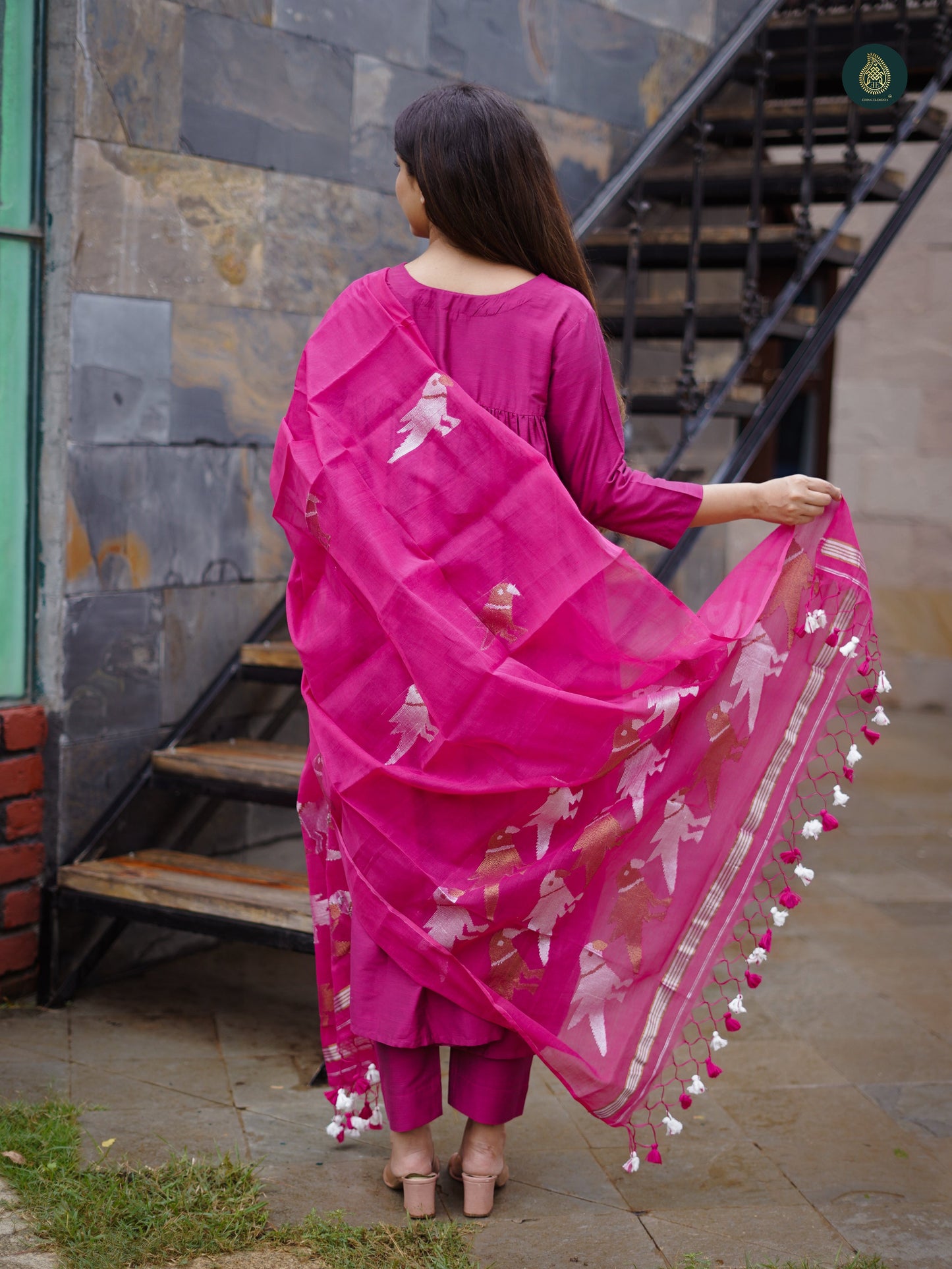Stitched 3Pc Suit Set - Magenta Pink & Jamdani