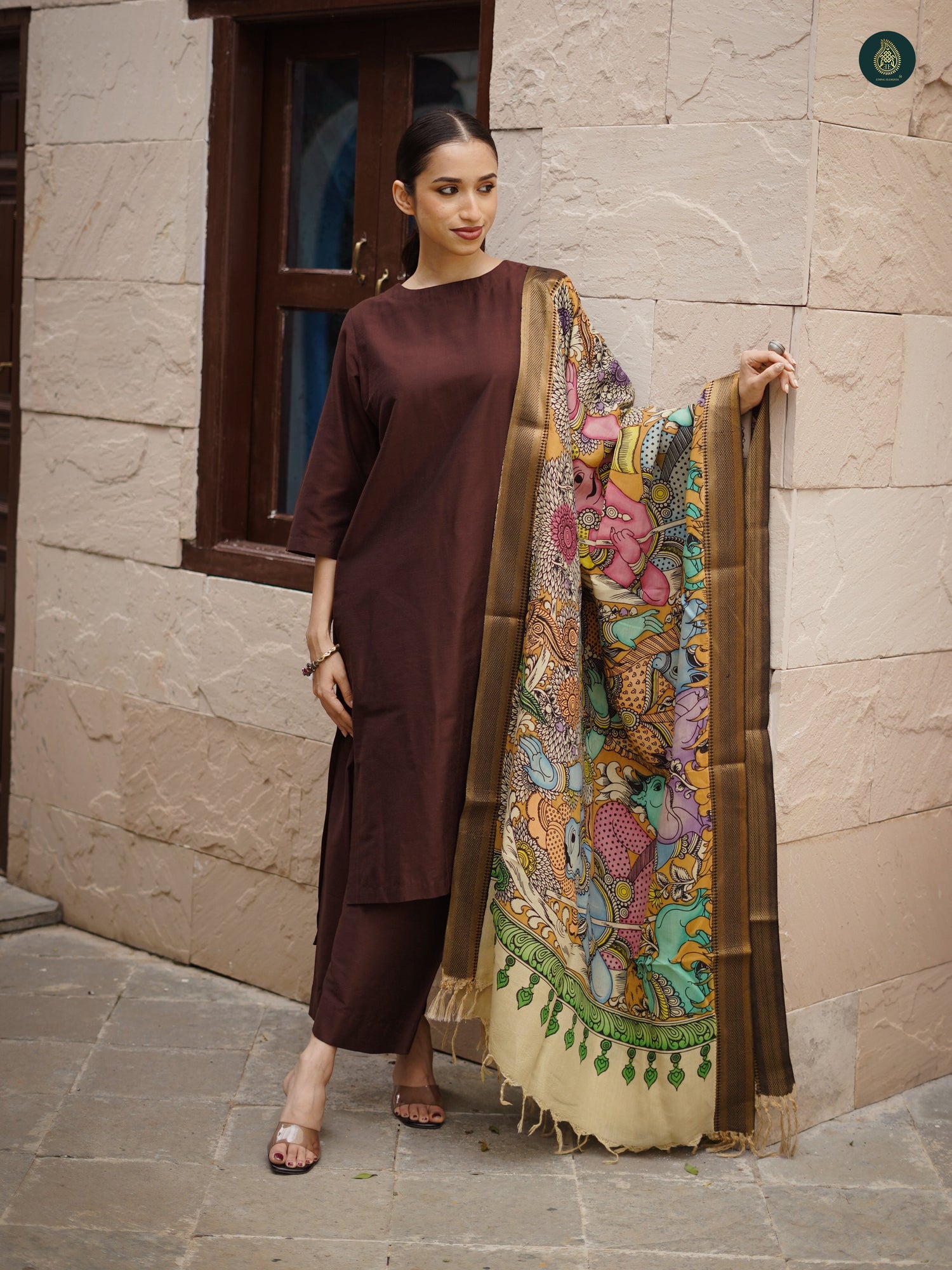 Stitched 3Pc Suit Set - Umber Brown & Kalamkari