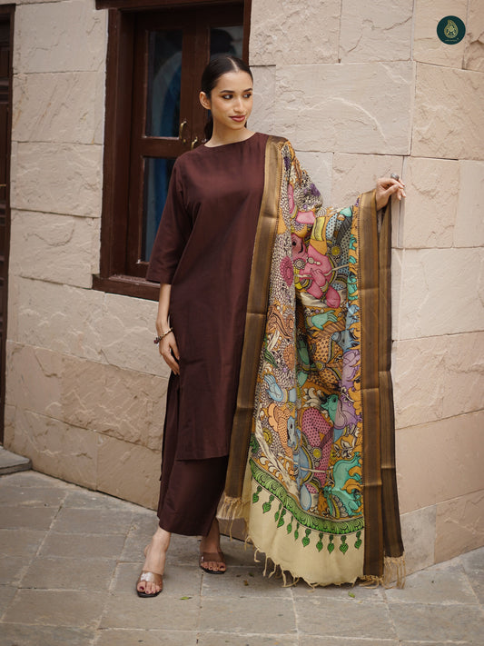 Stitched 3Pc Suit Set - Umber Brown & Kalamkari