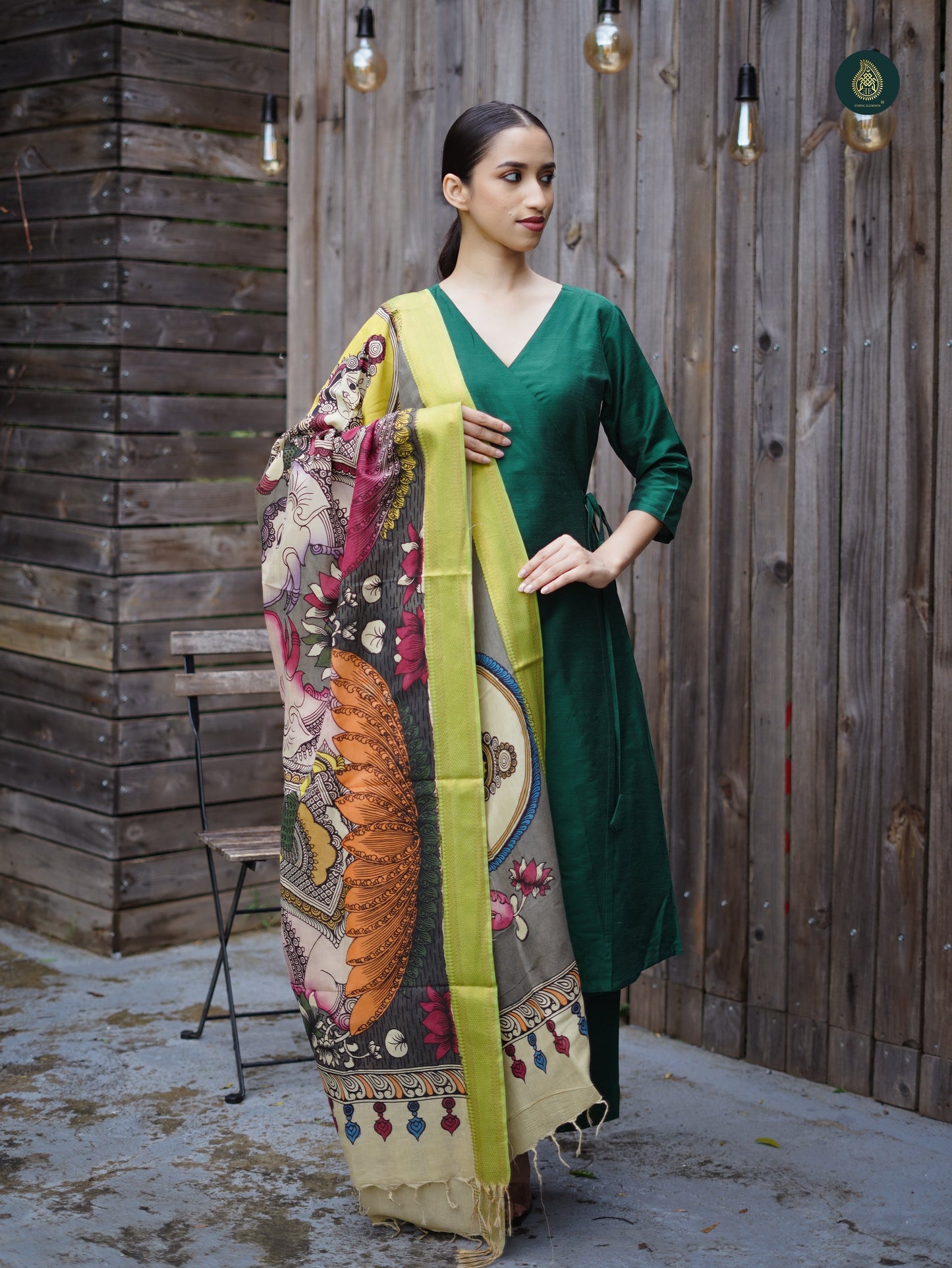 Stitched 3Pc Suit Set - Emerald Green & Kalamkari