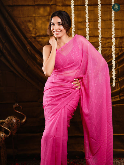 Sweetie Pink Sequined Mul Cotton Sarees