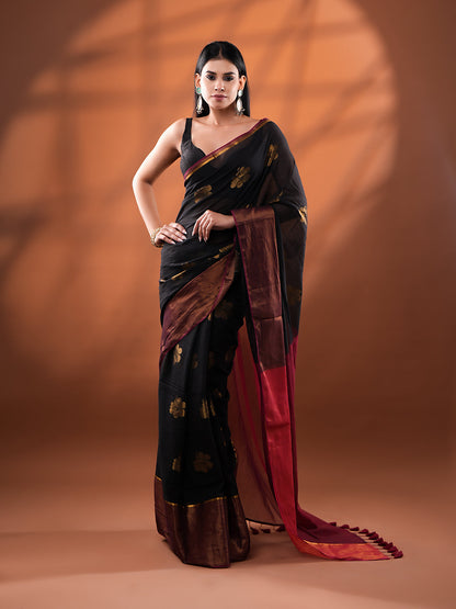 Black Mul Cotton Saree with Floral Zari Buttis & Contrast Wine Pallu