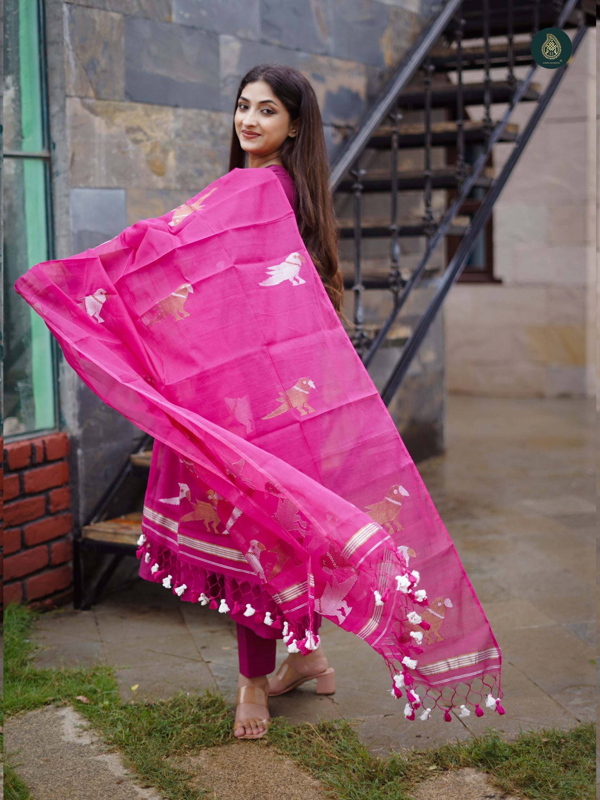 Stitched 3Pc Suit Set - Magenta Pink & Jamdani