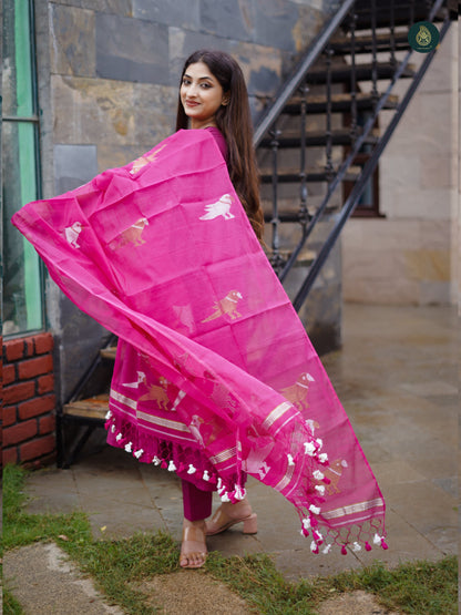 Stitched 3Pc Suit Set - Magenta Pink & Jamdani