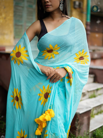Mul Cotton Hand Painted Saree - Baby Blue Sunflower