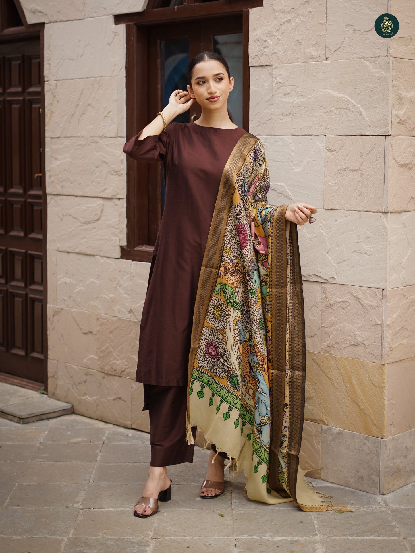 Stitched 3Pc Suit Set - Umber Brown & Kalamkari