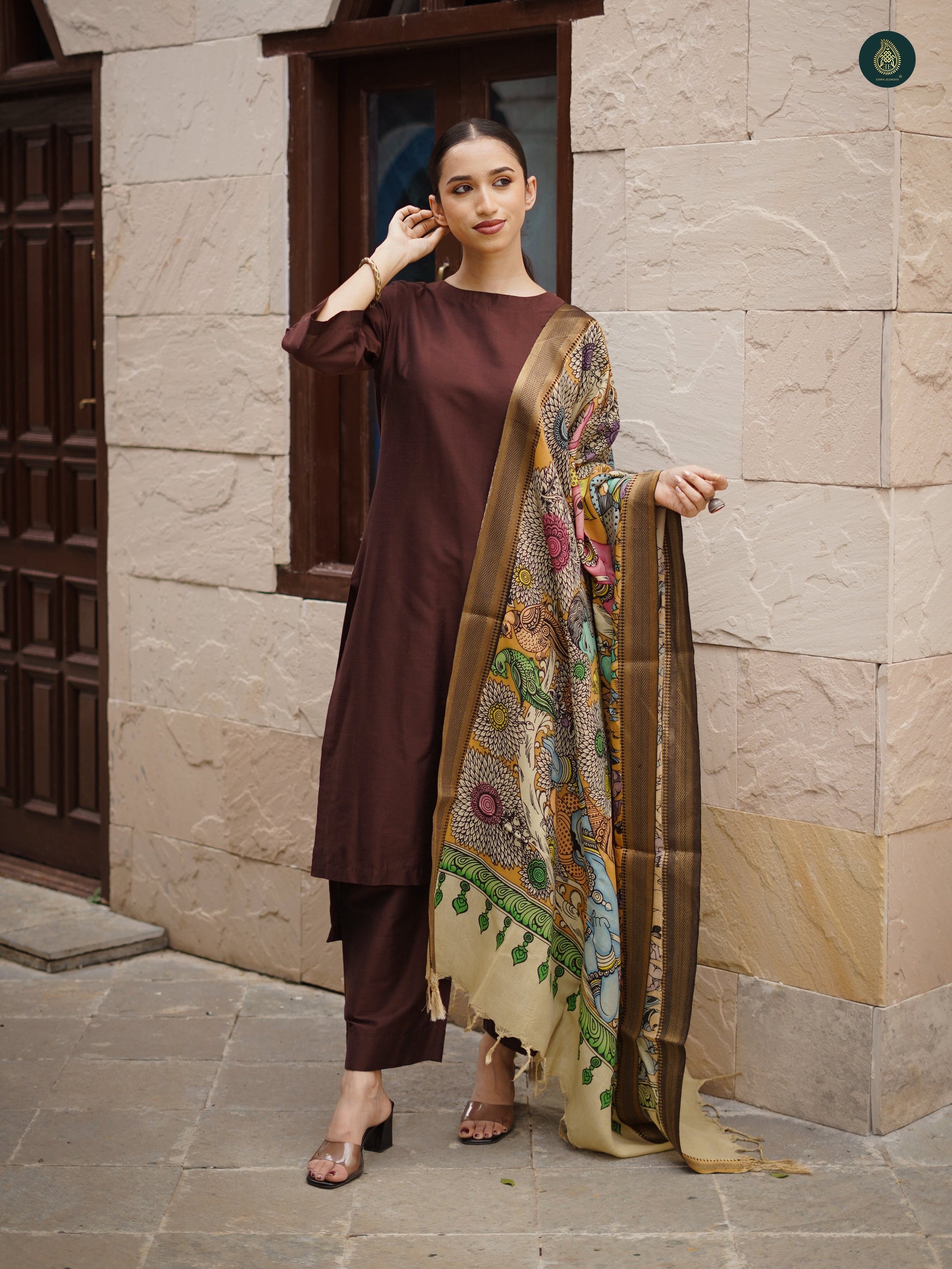 Stitched 3Pc Suit Set - Umber Brown & Kalamkari