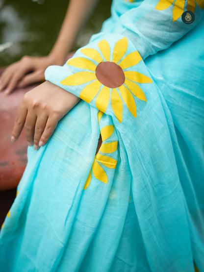 Mul Cotton Hand Painted Saree - Baby Blue Sunflower