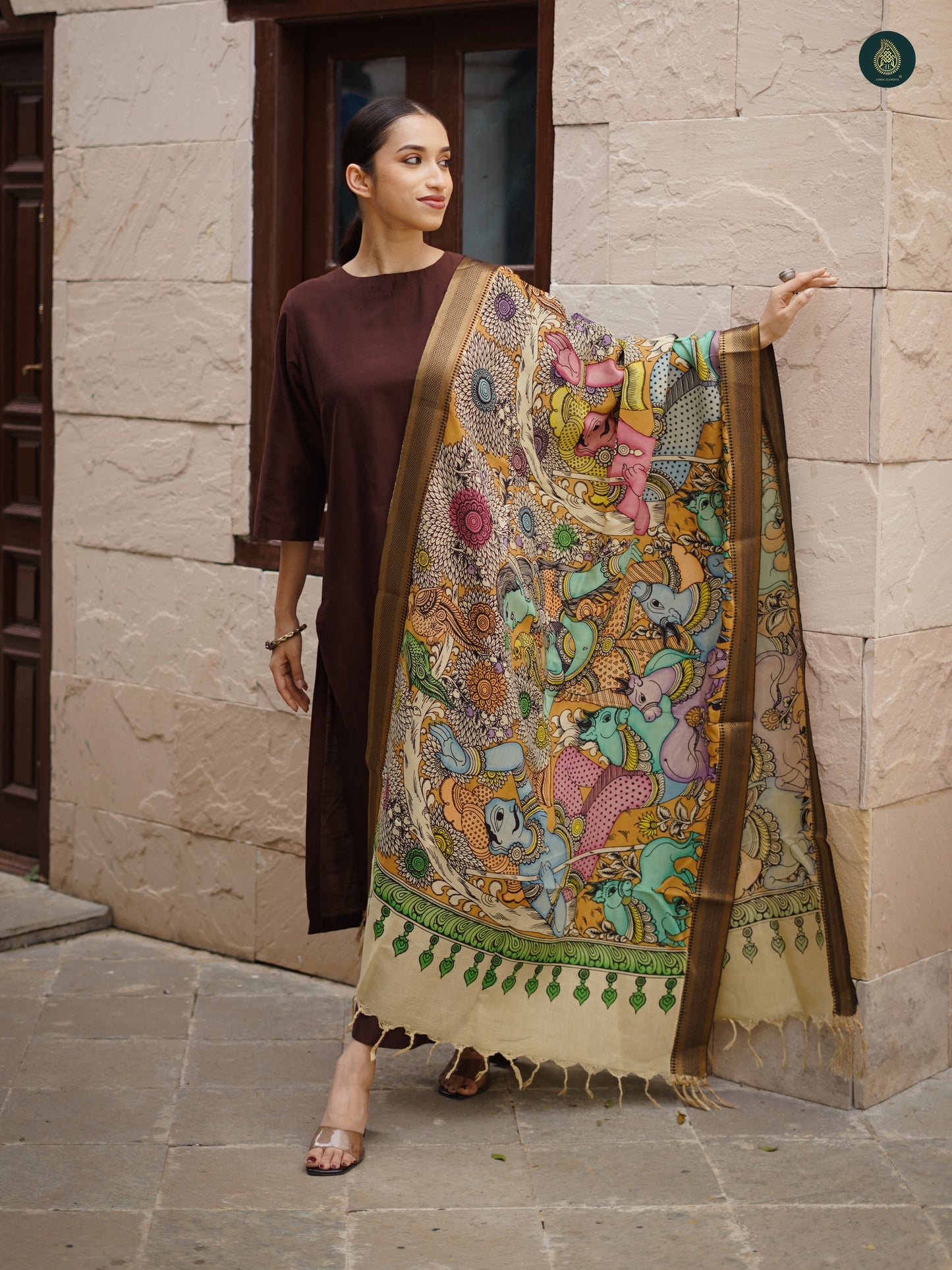 Stitched 3Pc Suit Set - Umber Brown & Kalamkari