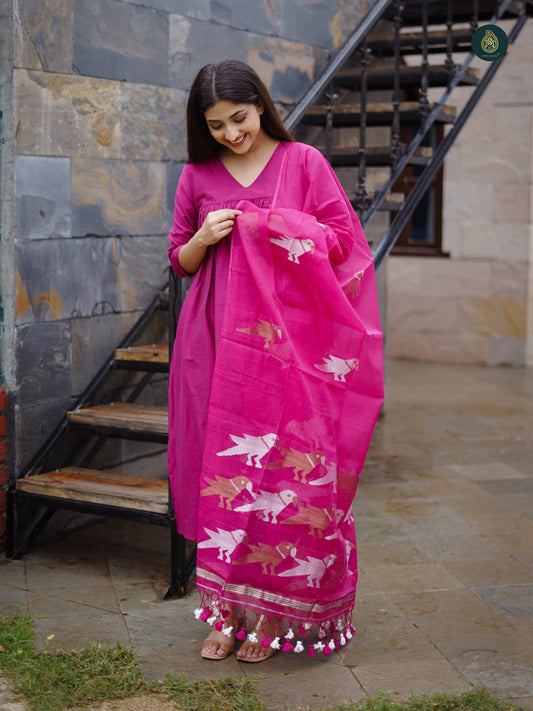 Stitched 3Pc Suit Set - Magenta Pink & Jamdani