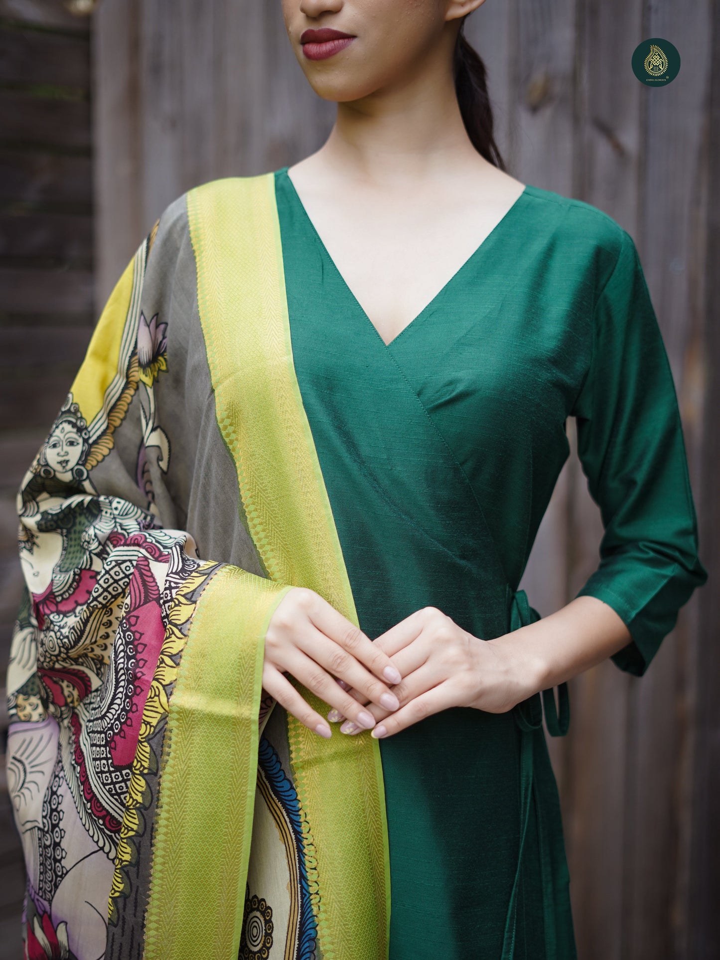 Stitched 3Pc Suit Set - Emerald Green & Kalamkari