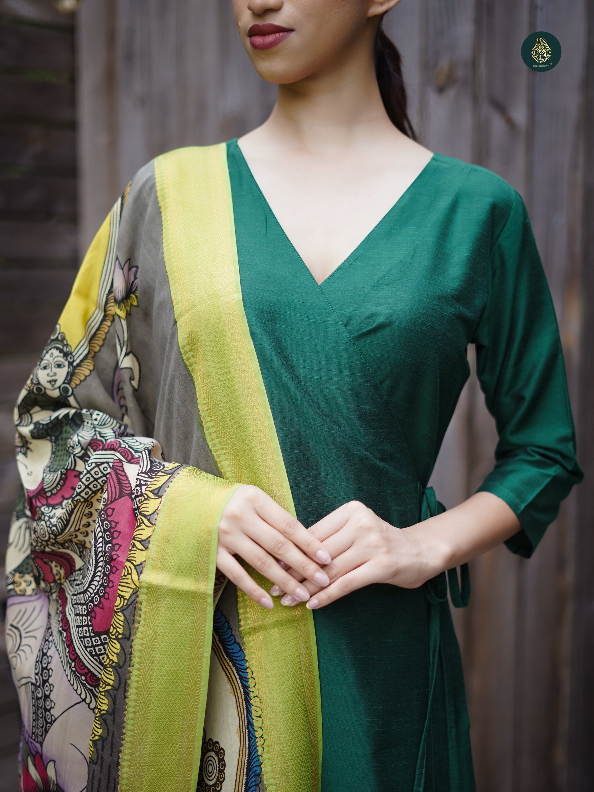 Stitched 3Pc Suit Set - Emerald Green & Kalamkari