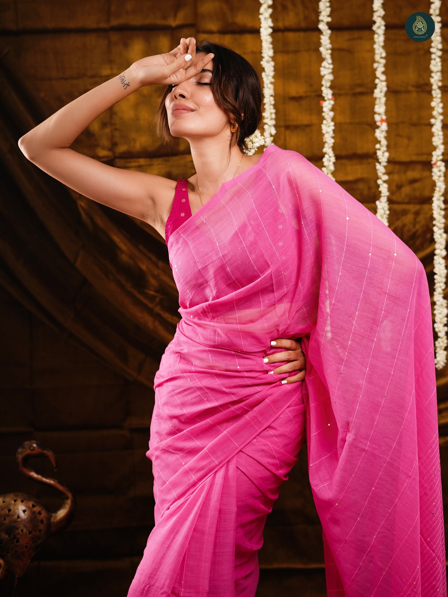 Sweetie Pink Sequined Mul Cotton Sarees