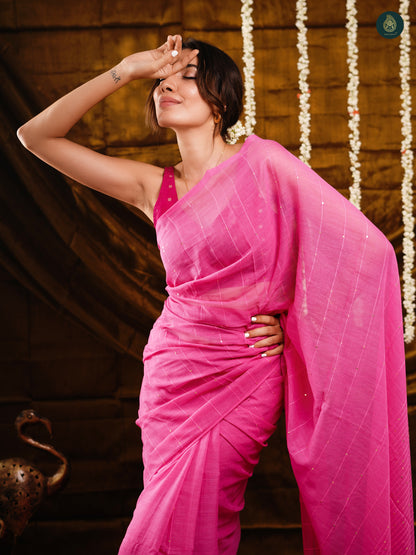Sweetie Pink Sequined Mul Cotton Sarees