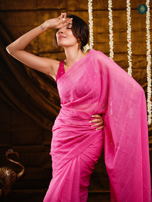 Sweetie Pink Sequined Mul Cotton Sarees
