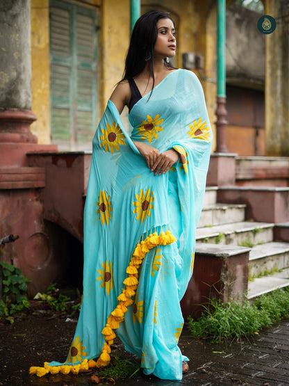 Mul Cotton Hand Painted Saree - Baby Blue Sunflower