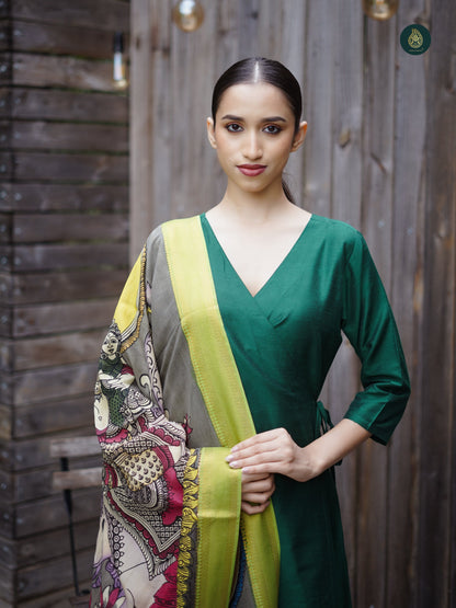 Stitched 3Pc Suit Set - Emerald Green & Kalamkari