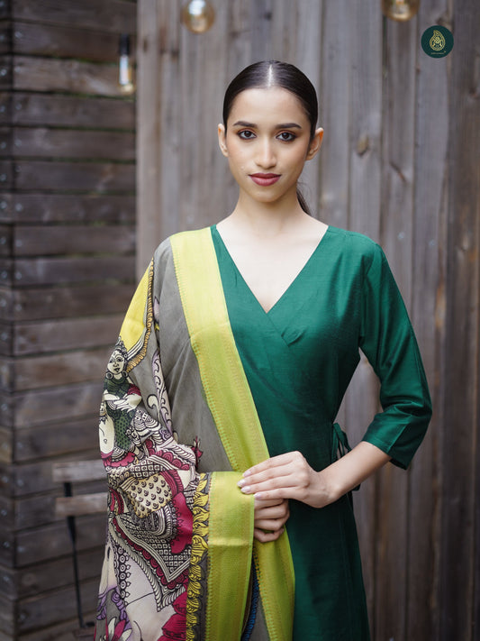 Stitched 3Pc Suit Set - Emerald Green & Kalamkari