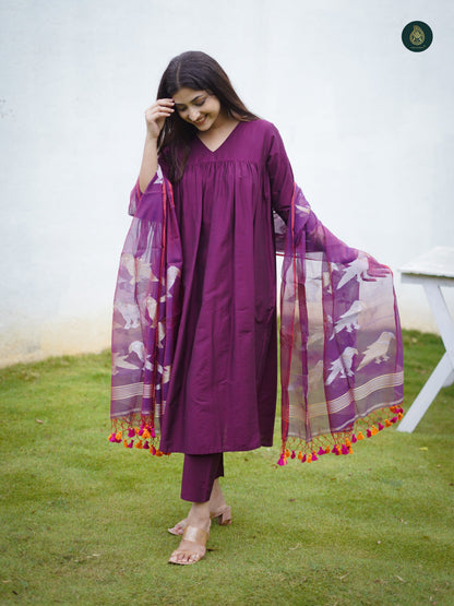 Stitched 3Pc Suit Set - Mauve & Jamdani