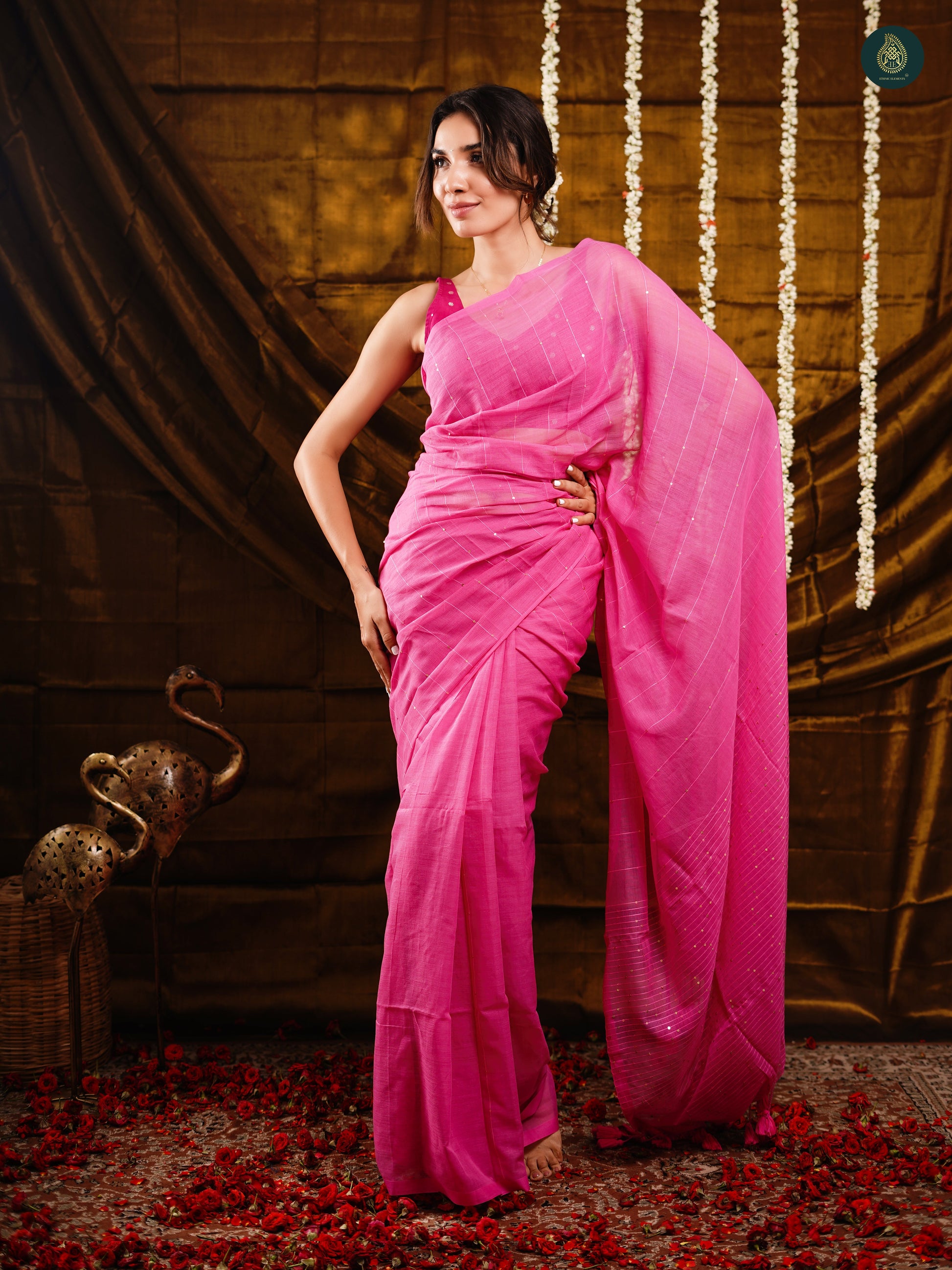 Sweetie Pink Sequined Mul Cotton Sarees