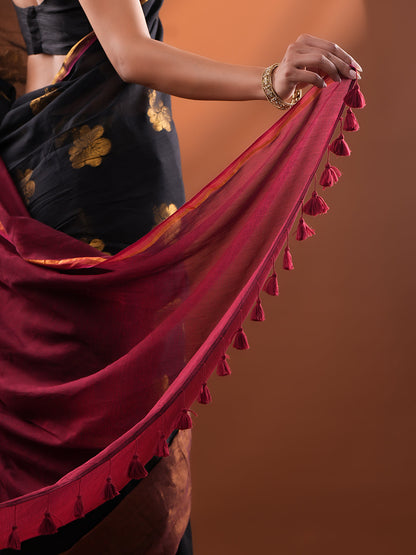 Black Mul Cotton Saree with Floral Zari Buttis & Contrast Wine Pallu