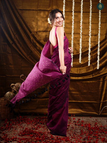 Orchid Purple Sequence Mul Cotton Saree