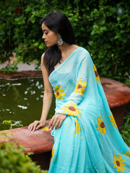 Mul Cotton Hand Painted Saree - Baby Blue Sunflower
