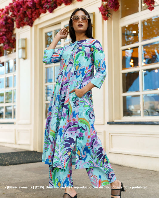 Stitched 2Pc Cotton A-Line Suit Set - Vivid Paisley