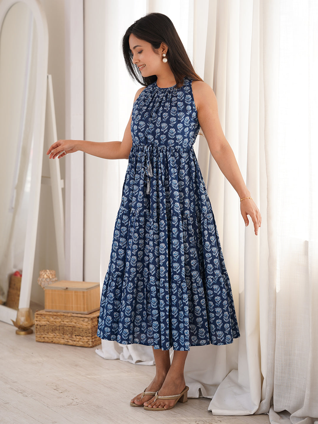 Janasya Women's Indigo Pure Cotton Floral Printed Tiered Dress