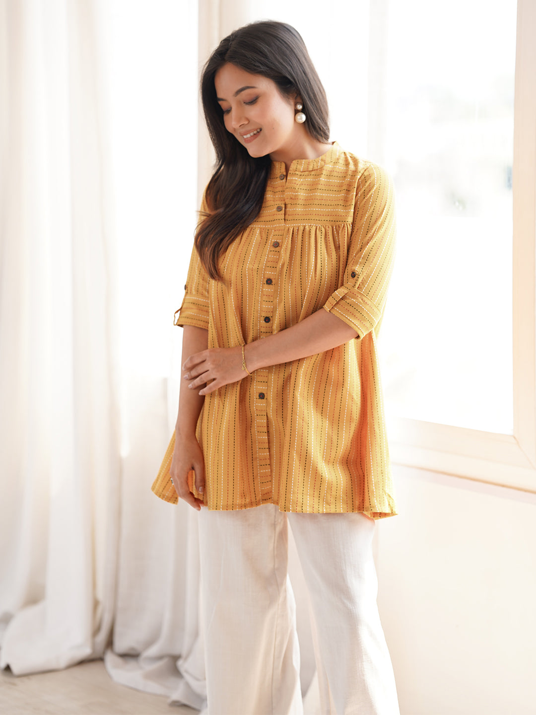Janasya Women's Mustard Cotton Woven Design Gathered Tunic
