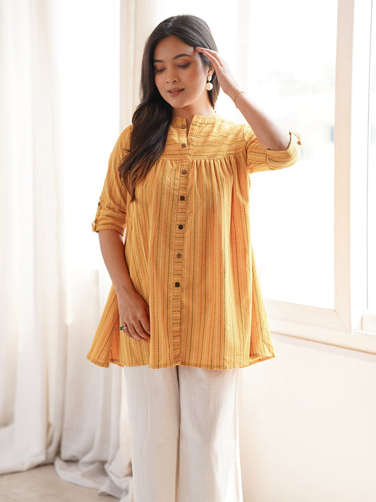 Janasya Women's Mustard Cotton Woven Design Gathered Tunic
