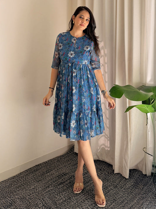 Janasya Women's Blue Poly Georgette Floral Flared Western Dress