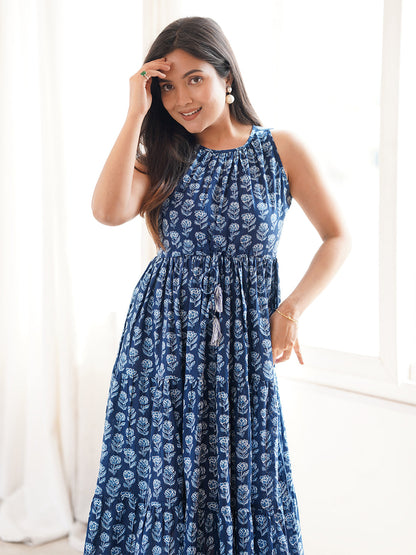Janasya Women's Indigo Pure Cotton Floral Printed Tiered Dress