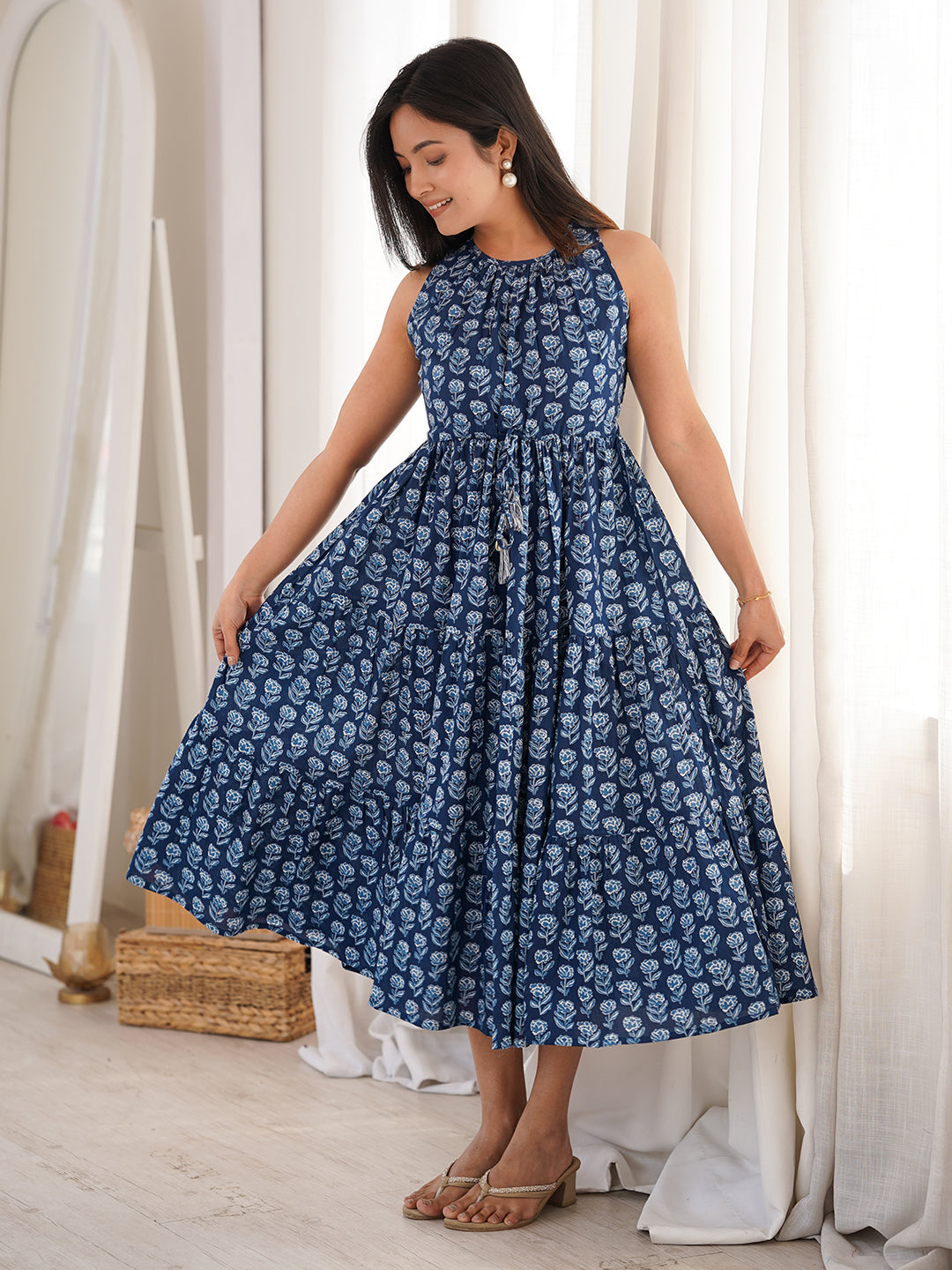 Janasya Women's Indigo Pure Cotton Floral Printed Tiered Dress