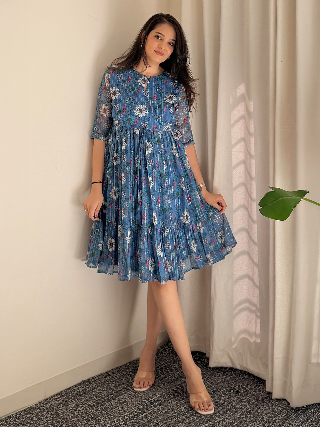 Janasya Women's Blue Poly Georgette Floral Flared Western Dress