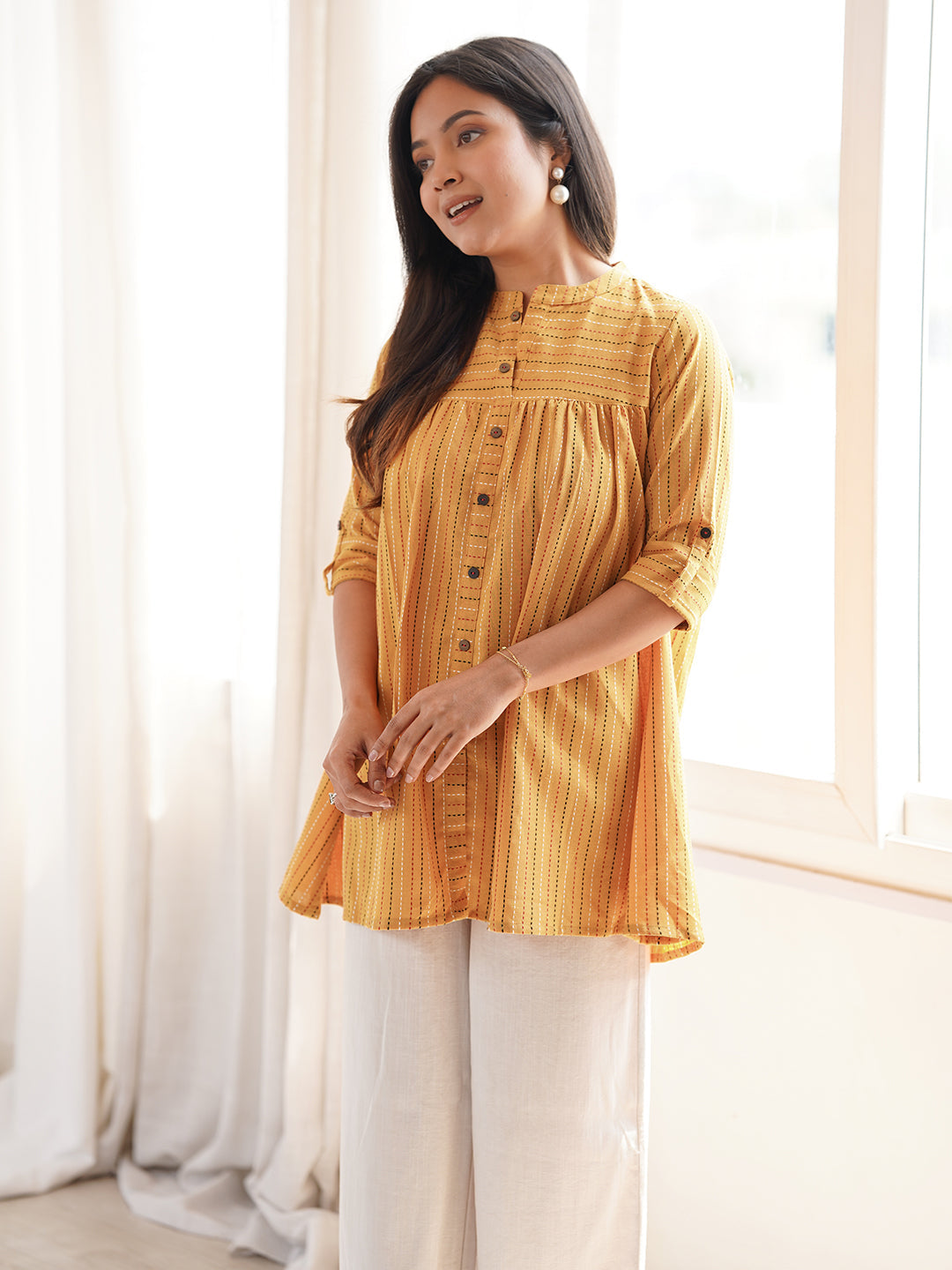 Janasya Women's Mustard Cotton Woven Design Gathered Tunic