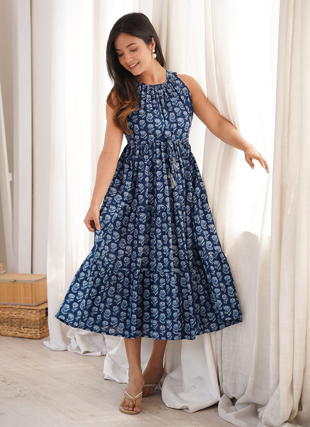 Janasya Women's Indigo Pure Cotton Floral Printed Tiered Dress