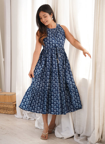 Janasya Women's Indigo Pure Cotton Floral Printed Tiered Dress
