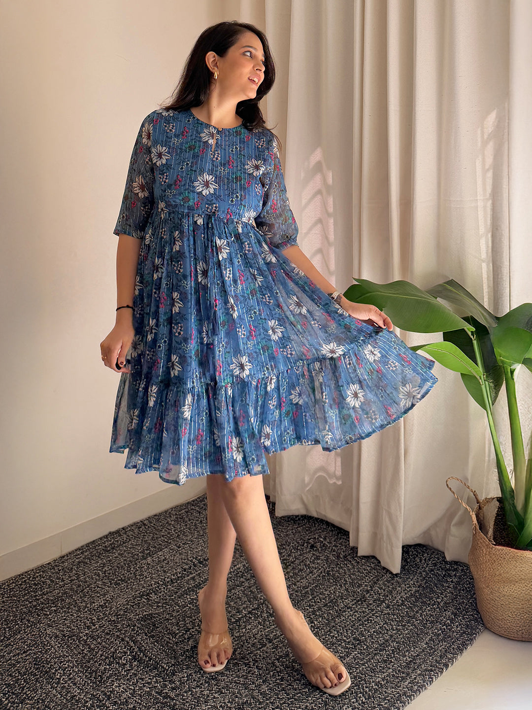 Janasya Women's Blue Poly Georgette Floral Flared Western Dress