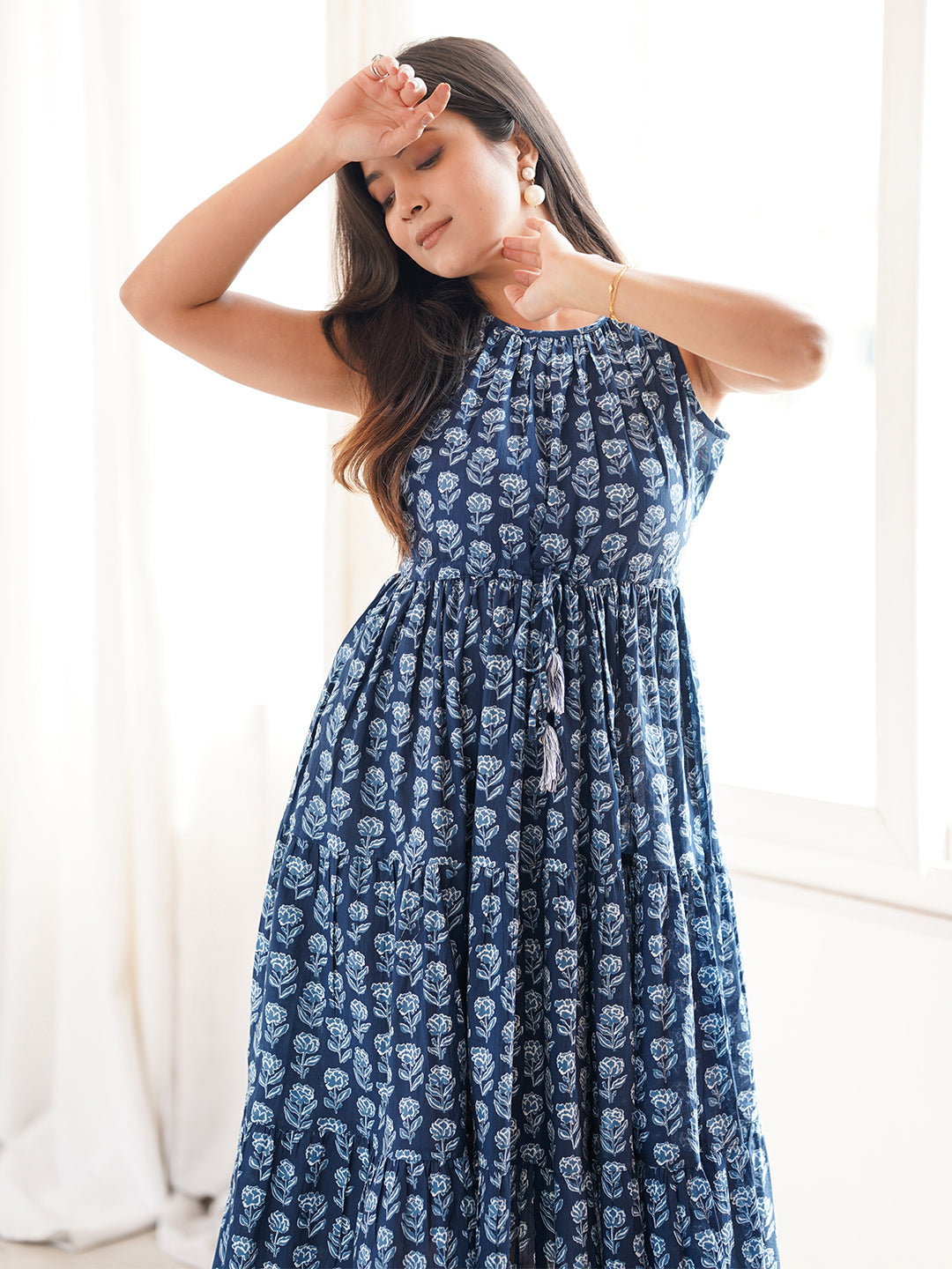 Janasya Women's Indigo Pure Cotton Floral Printed Tiered Dress