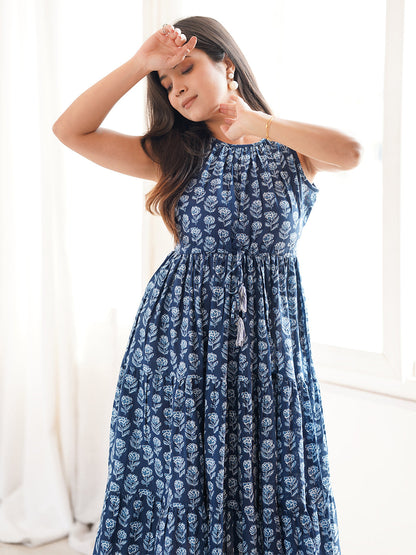 Janasya Women's Indigo Pure Cotton Floral Printed Tiered Dress