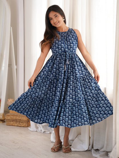 Janasya Women's Indigo Pure Cotton Floral Printed Tiered Dress