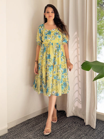 Yellow Georgette Floral Print Flared Western Dress