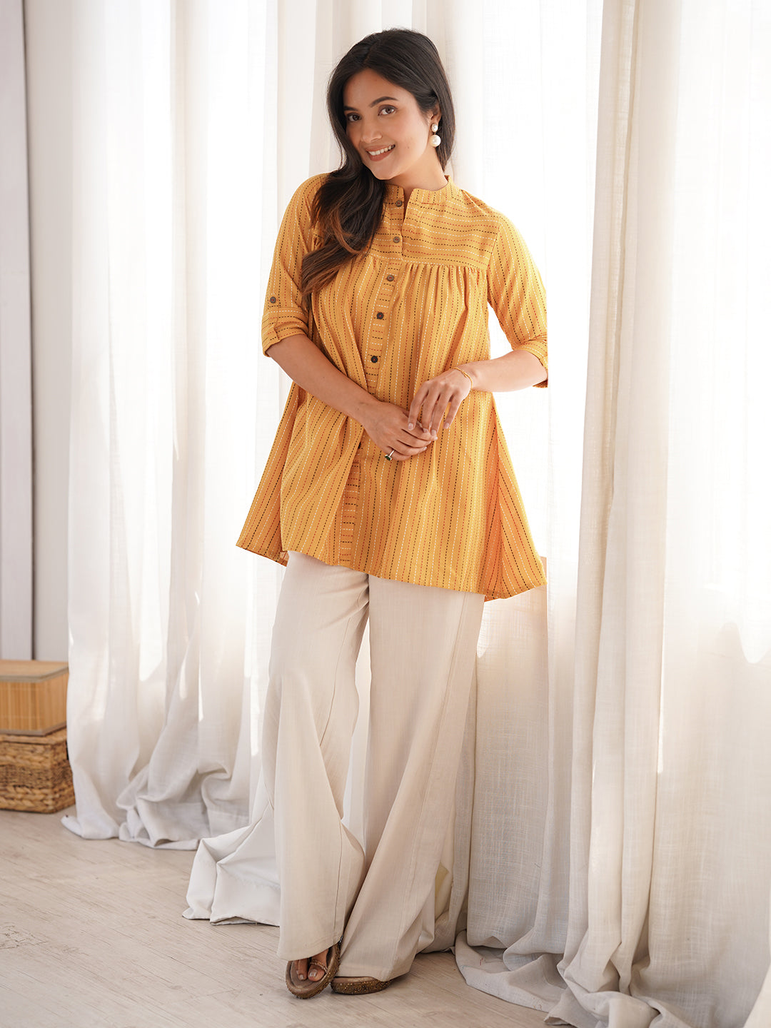 Janasya Women's Mustard Cotton Woven Design Gathered Tunic
