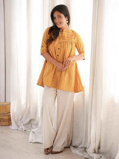 Janasya Women's Mustard Cotton Woven Design Gathered Tunic