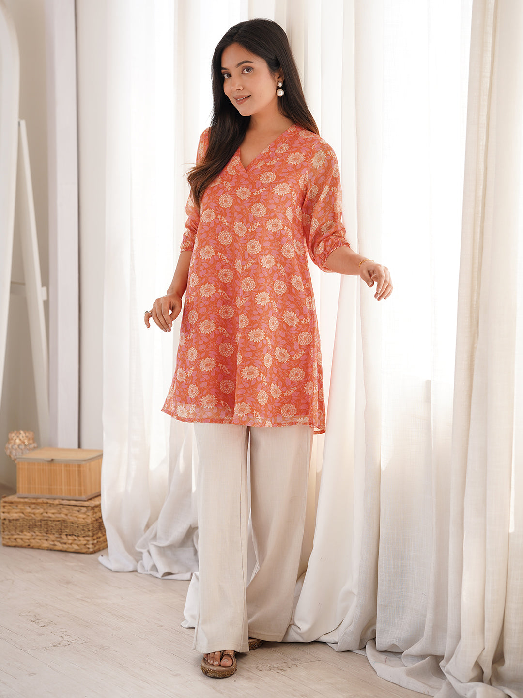 Orange Georgette Floral Tunic