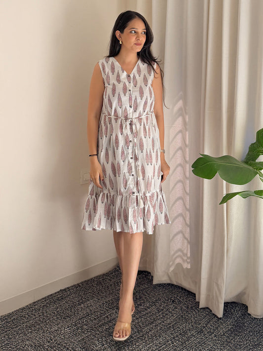 Janasya Women's White Cotton Ethnic Motifs Flared Western Dress