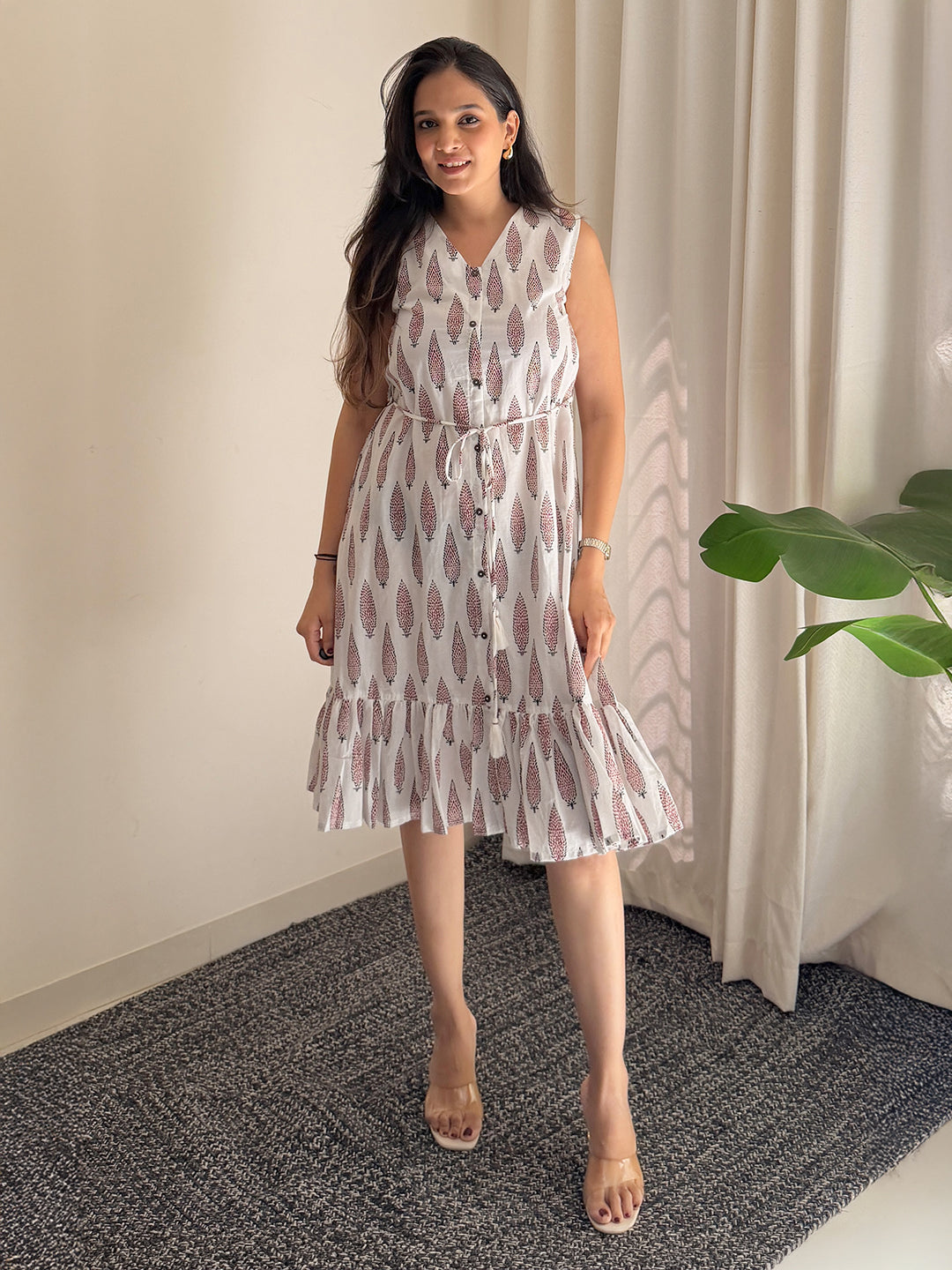 Janasya Women's White Cotton Ethnic Motifs Flared Western Dress