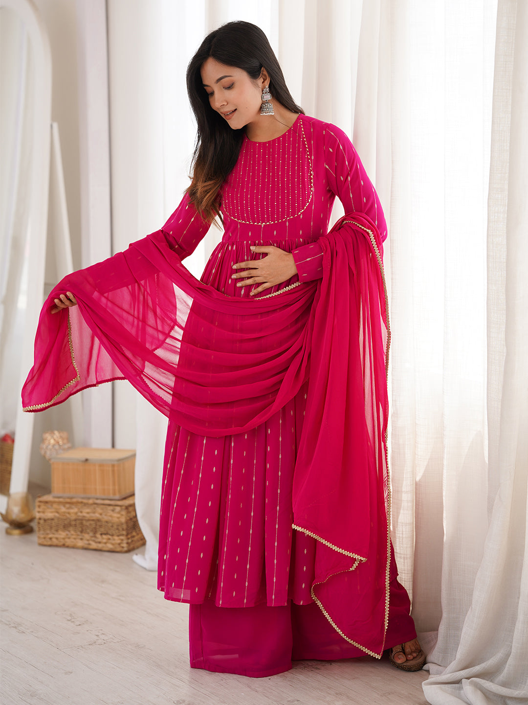 Pink Georgette Foil Printed Anarkali Kurta Set
